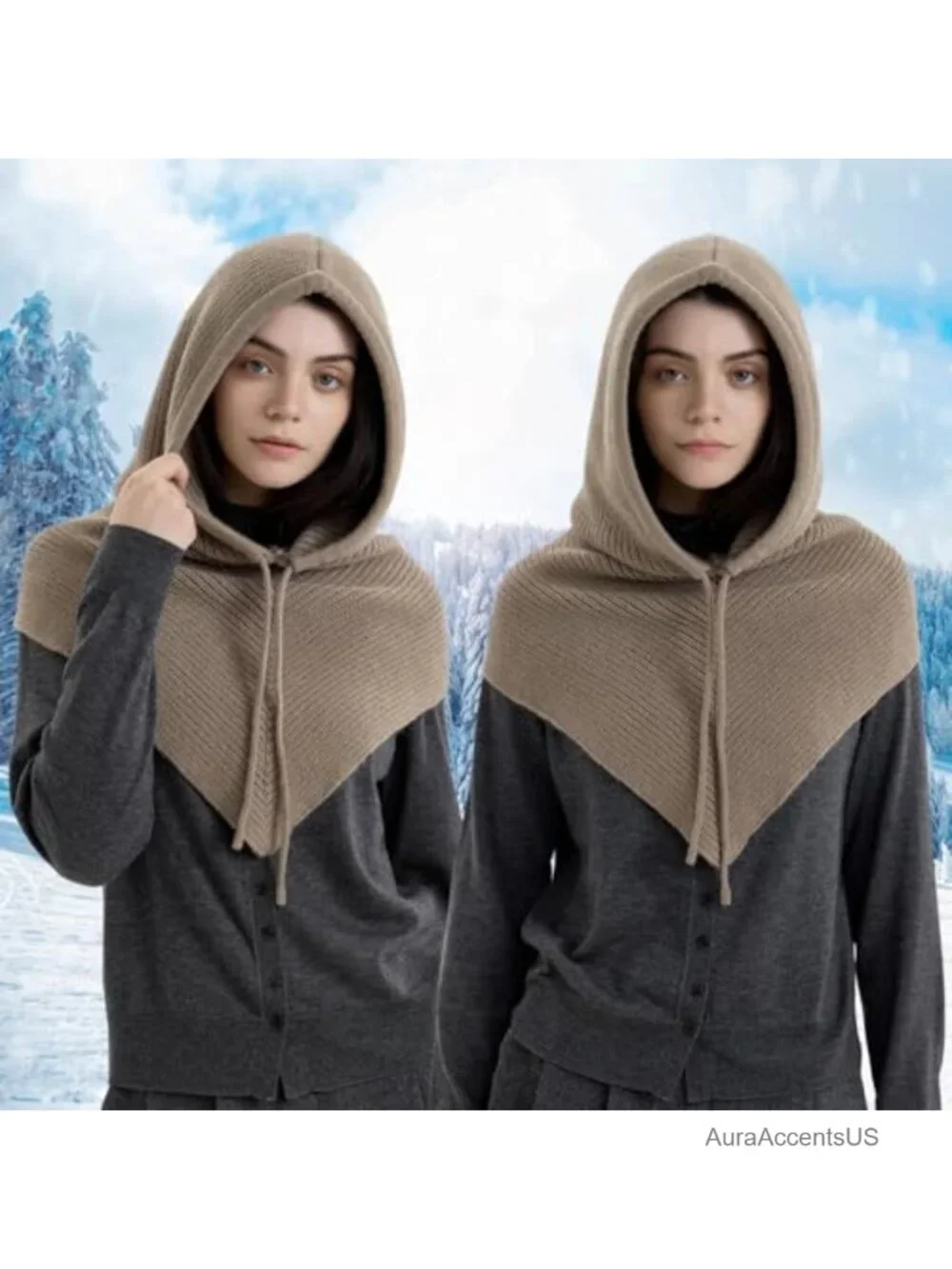 Oversized Knit Balaclava Hooded Scarf Shawl Wrap Winter Neck Gaiter Drawstring